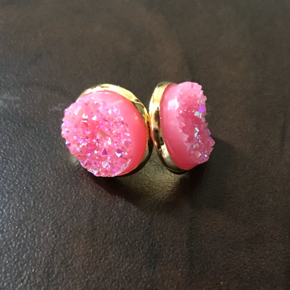 Hot pink Druzy earrings on Gold setting